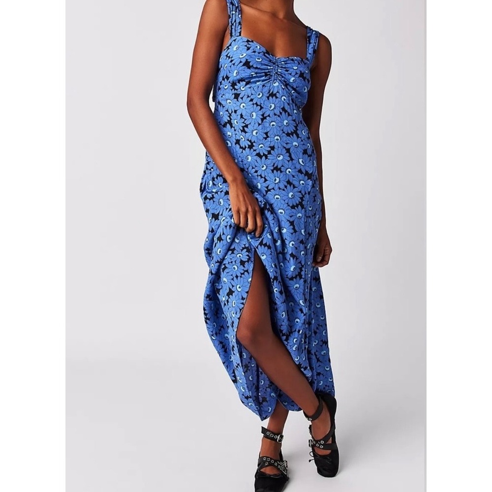 Free People Rosalee Midi Dress XS Blue Combo Floral Boho Fairy Vacation Beach
